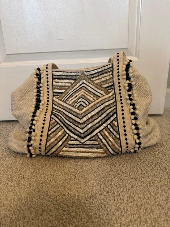 Medium Cream Geometric Embroidered Tote with Black & Gold Trim - Picture 2 of 7